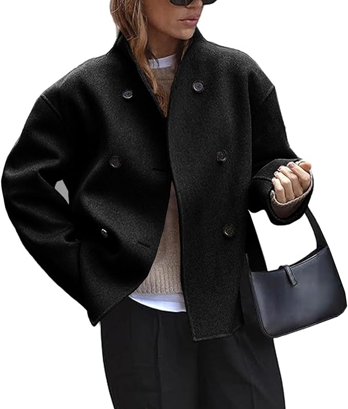 Women's Stand Collar Jacket Winter Long Sleeve Wool Blend Short